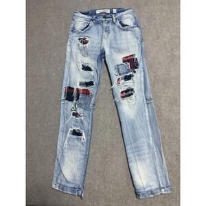 Evolution In Design Jeans Mens 14 Blue Distressed Plaid Patchwork Straight Denim